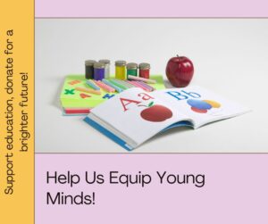 School supplies with the message 'Help us equip young minds' for fundraiser.