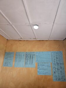 Yellow wall with blue papers